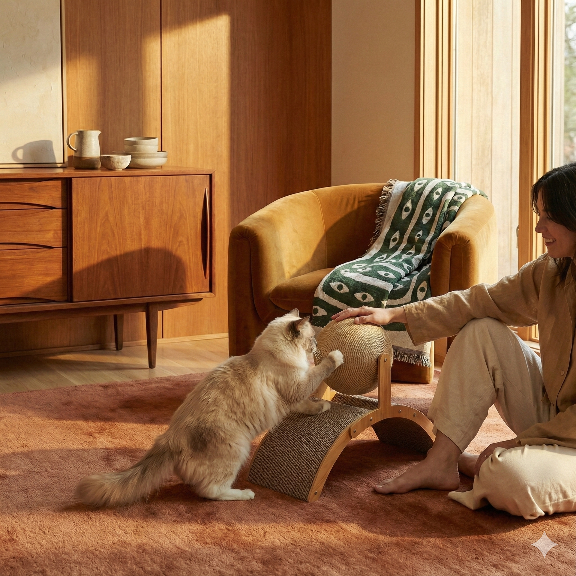 Arranhador 2 em 1 "Wood Arch" — Design Minimalista em Madeira e Sisal (Bola Giratória)